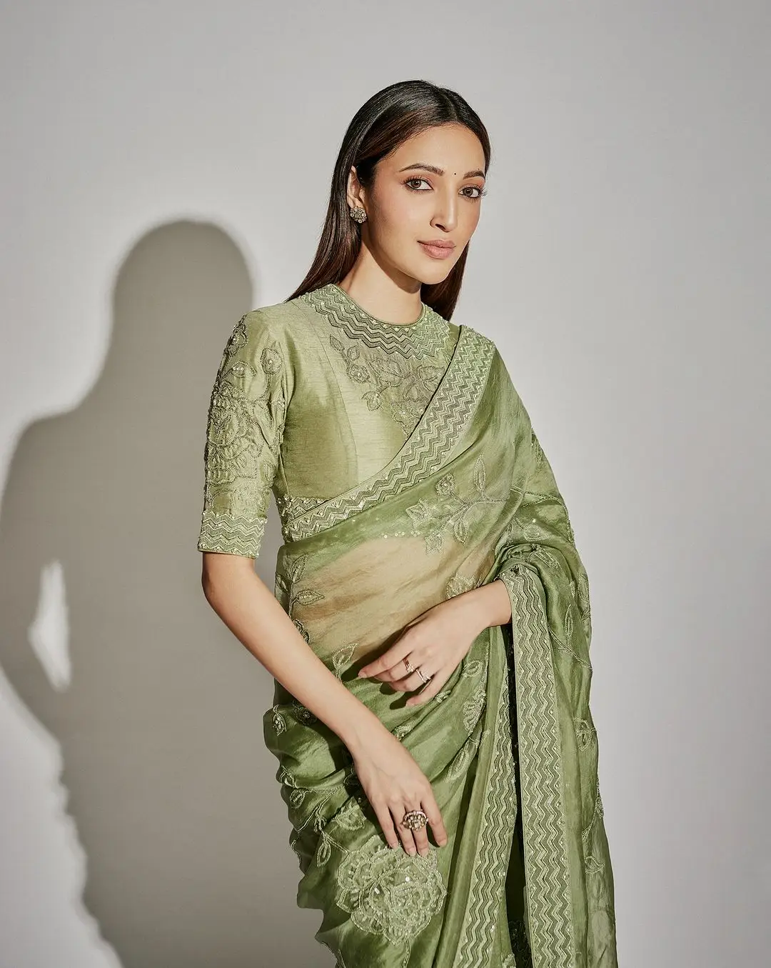 Neha Shetty Wearing Beautiful Earrings Green Designer Saree